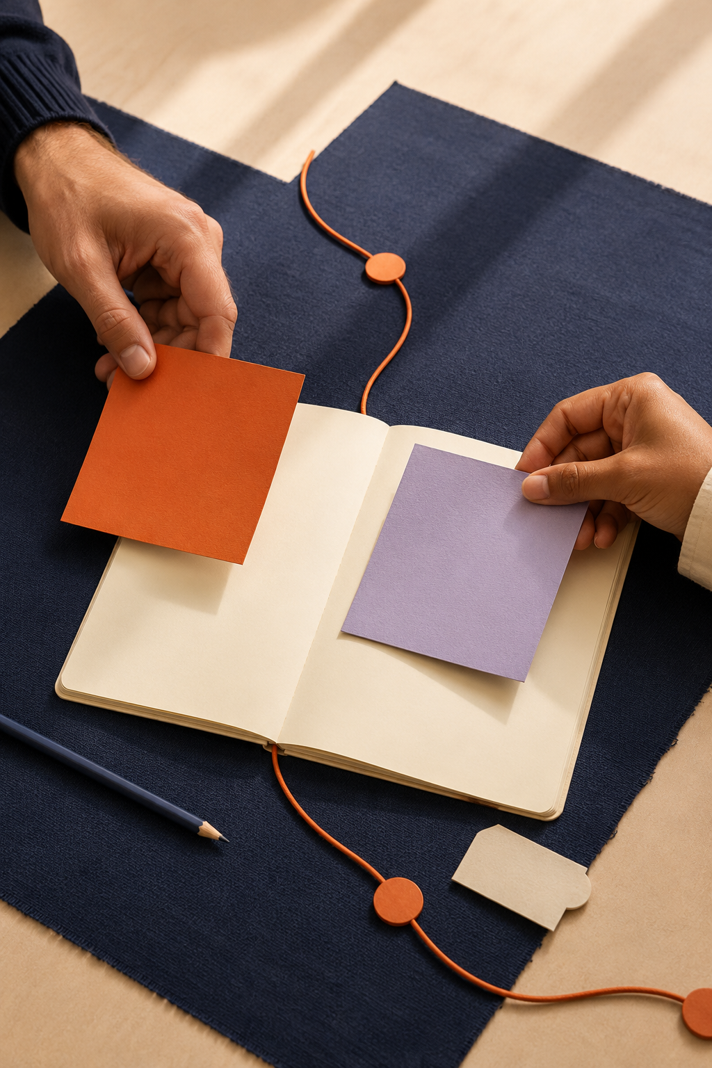 Duas pessoas aproximando cartões coloridos sobre um caderno aberto